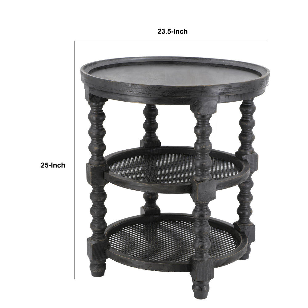 Jake 25 Inch 3 Tier Side Table, Fir Wood, 2 Woven Wicker Shelves, Black - BM284814