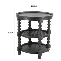 Jake 25 Inch 3 Tier Side Table, Fir Wood, 2 Woven Wicker Shelves, Black - BM284814