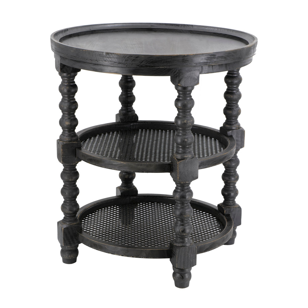 Jake 25 Inch 3 Tier Side Table, Fir Wood, 2 Woven Wicker Shelves, Black - BM284814