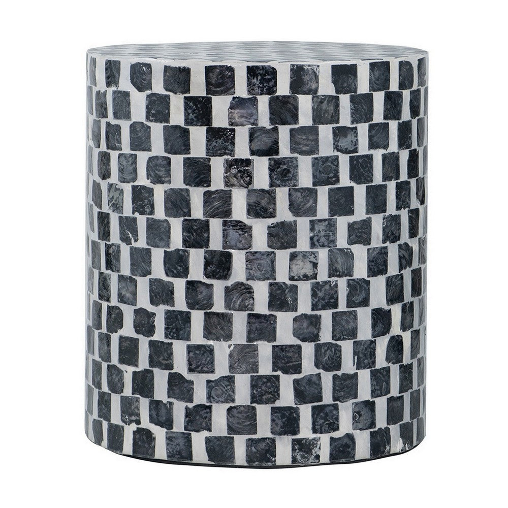 16 Inch Accent Stool Table, Drum Shape, Wood With Mosaic, White, Black - BM284921