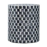 16 Inch Accent Stool Table, Drum Shape, Wood With Mosaic, White, Black - BM284921