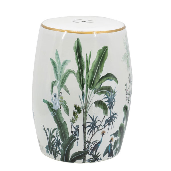18 Inch Ceramic Accent Table, Drum Shape, Tropical Leaves Print, White, Green - BM284924