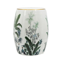 18 Inch Ceramic Accent Table, Drum Shape, Tropical Leaves Print, White, Green - BM284924