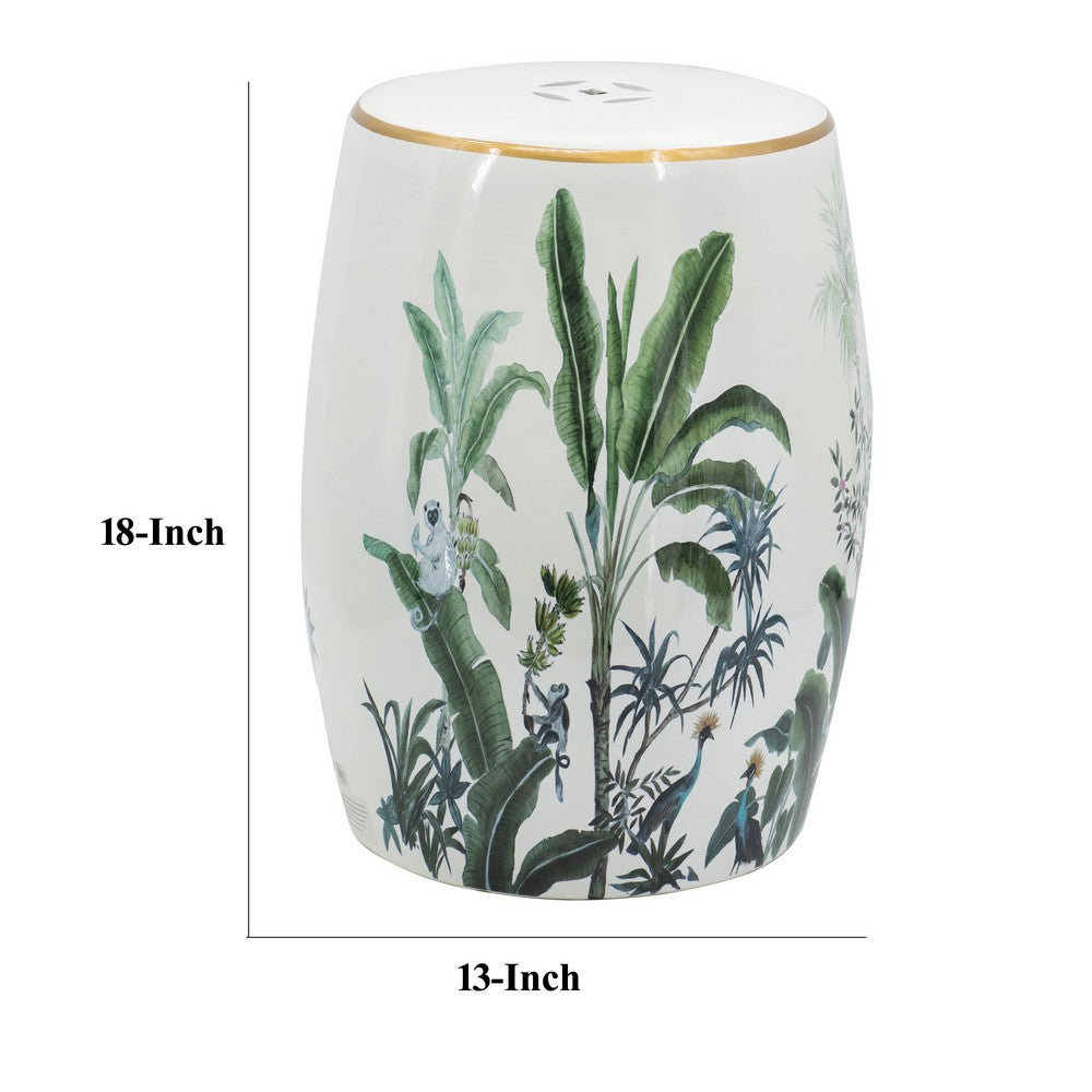 18 Inch Ceramic Accent Table, Drum Shape, Tropical Leaves Print, White, Green - BM284924
