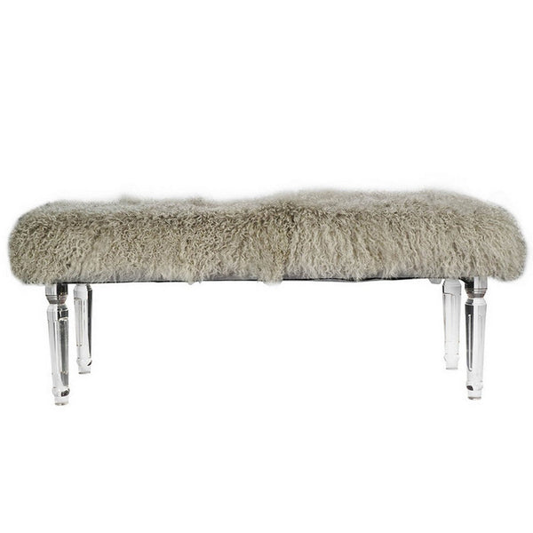 49 Inch Accent Bench, Faux Fur Seat, Clear Acrylic Legs, Smooth Rich Brown - BM284929