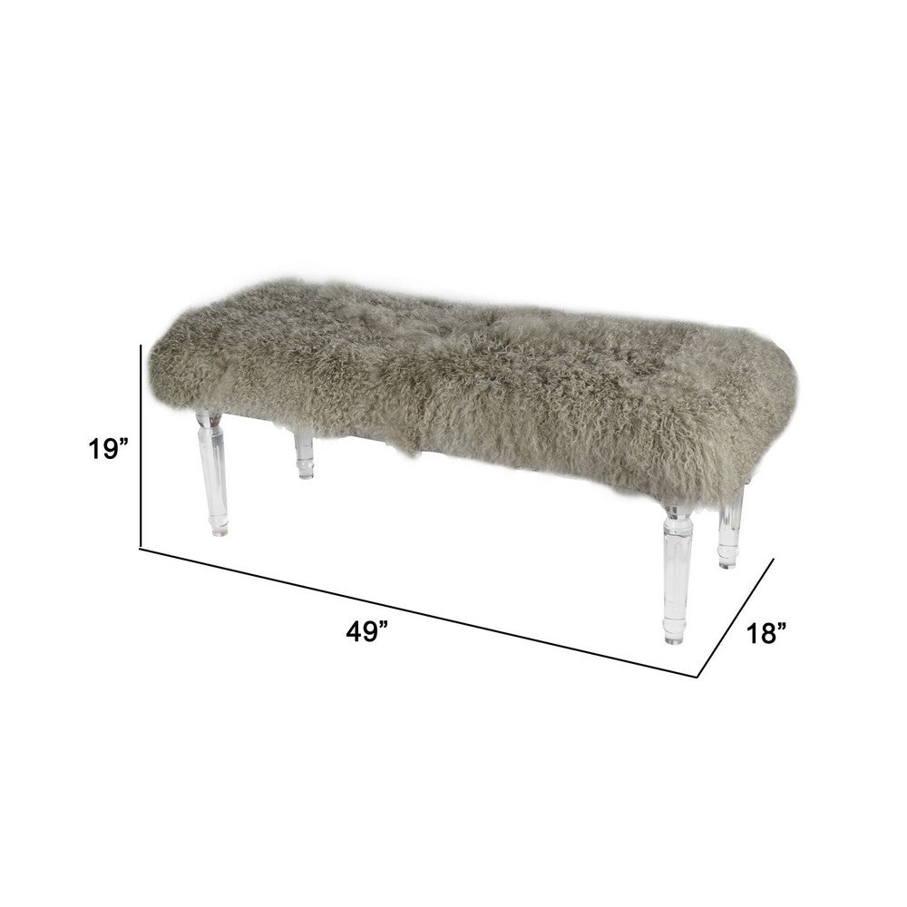 49 Inch Accent Bench, Faux Fur Seat, Clear Acrylic Legs, Smooth Rich Brown - BM284929