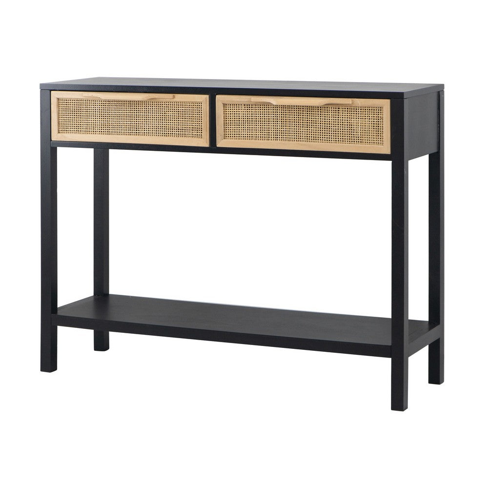 Dana 39 Inch Sofa Console Table, 2 Rattan Drawers, Black Finish, Brown - BM284930