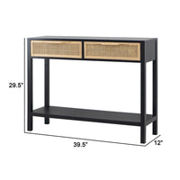 Dana 39 Inch Sofa Console Table, 2 Rattan Drawers, Black Finish, Brown - BM284930