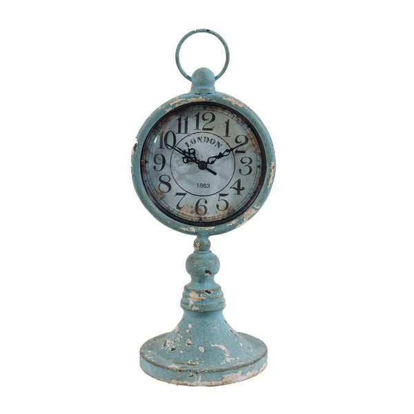 13 Inch Decorative Table Clock, Iron, Vintage Inspired Design, Aqua Blue - BM284949