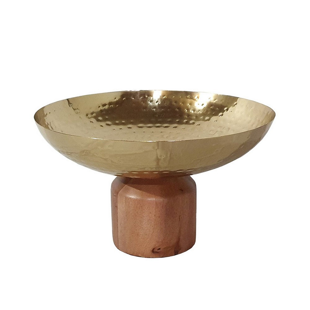 Roe 12 Inch Large Acacia Wood Table Bowl, Steel, Decorative, Gold and Brown - BM284950