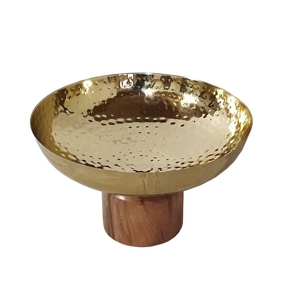 Roe 10 Inch Medium Acacia Wood Table Bowl, Steel, Decorative, Gold, Brown - BM284951