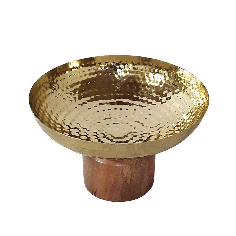 Roe 8 Inch Small Acacia Wood Table Bowl, Steel, Decorative, Gold and Brown - BM284952