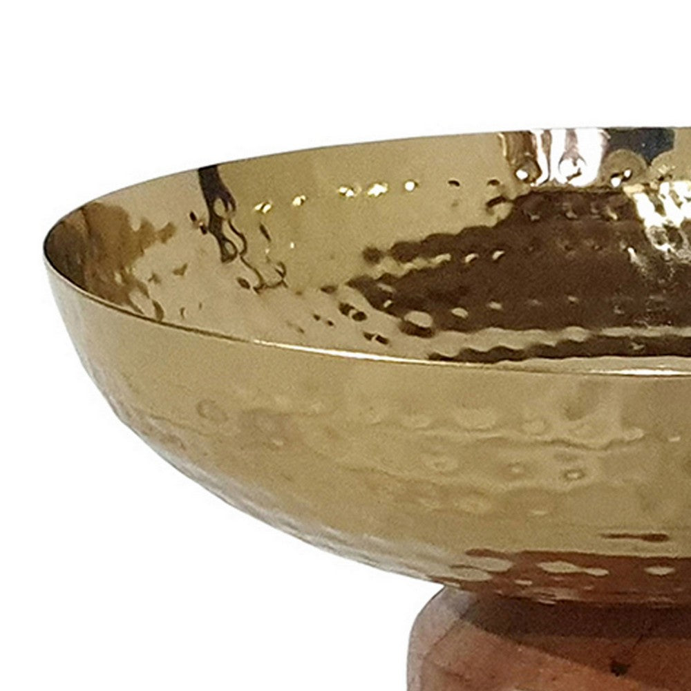 Roe 8 Inch Small Acacia Wood Table Bowl, Steel, Decorative, Gold and Brown - BM284952