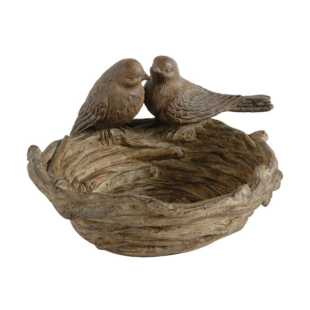 9 Inch Handcrafted Accent Table Bowl, Resin, Lovebirds Nest, Natural Brown - BM284955