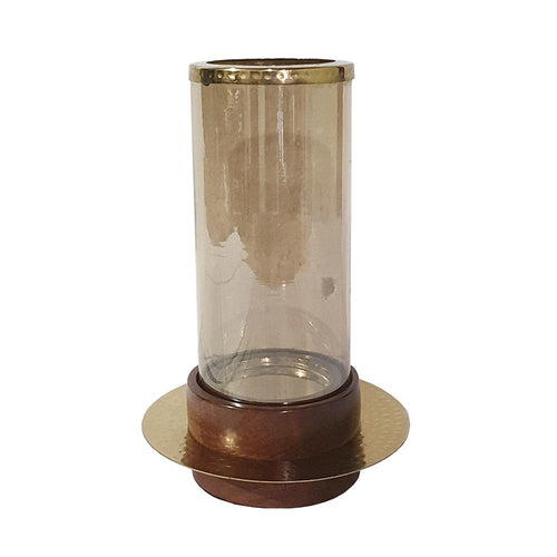 11 Inch Glass Hurricane Candle Holder, Acacia Wood, Small, Gold FInish - BM284962
