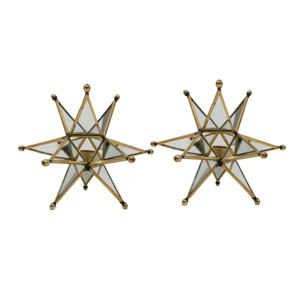 Set of 2 Candle Holders, Golden Star Style Accent Table Decorations, Glass - BM284963