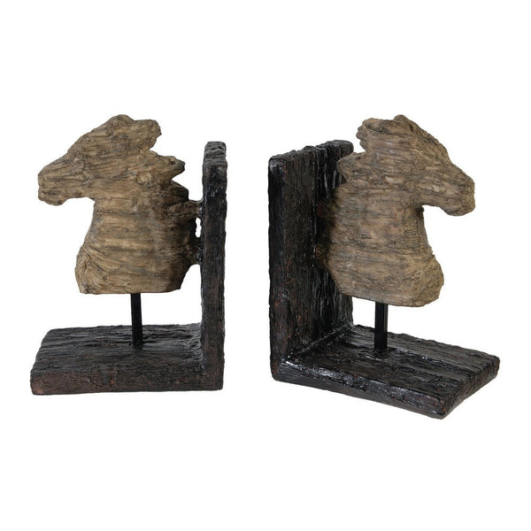 Ari Set of 2 Classic Bookends, Horse Bust, Polyresin, Metal, Brown, Black - BM284982