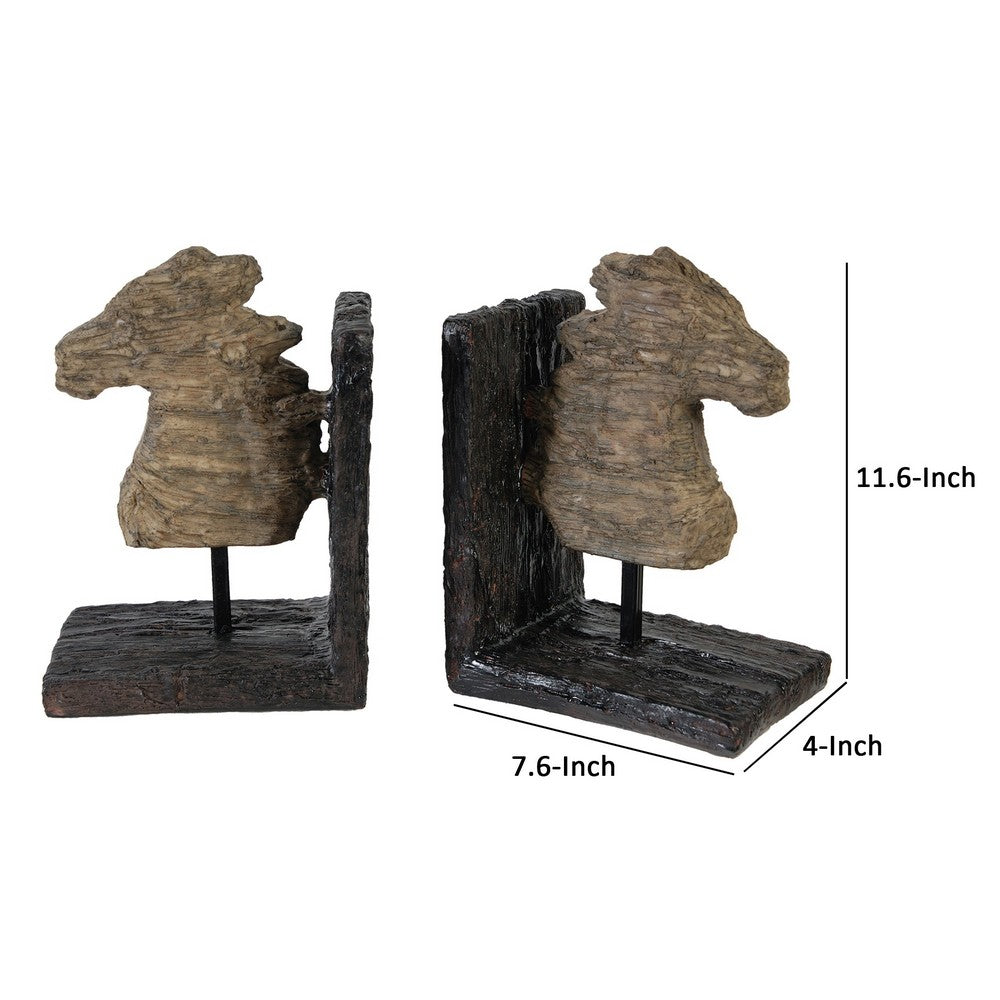 Ari Set of 2 Classic Bookends, Horse Bust, Polyresin, Metal, Brown, Black - BM284982