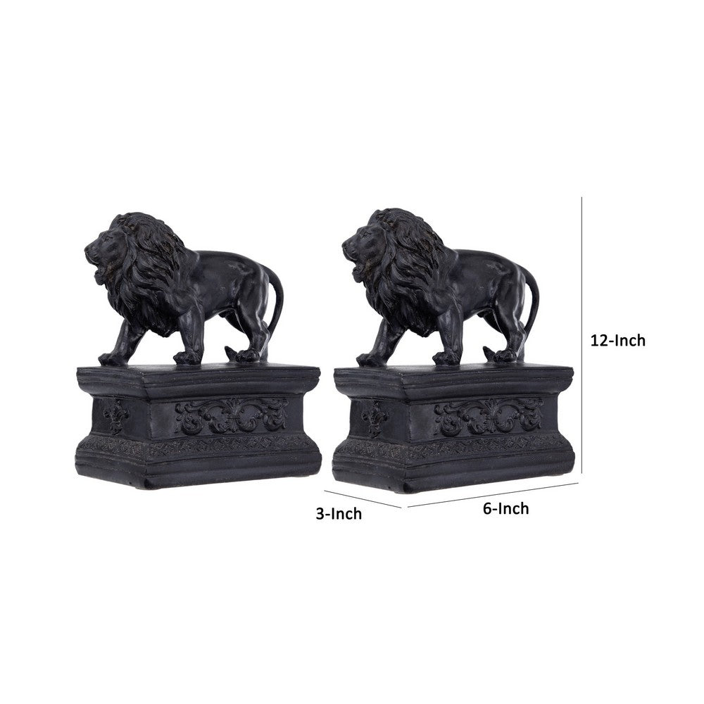 Ari Set of 2 Classic Bookends, Lion Statuette Figurines, Glossy Black Resin - BM284983