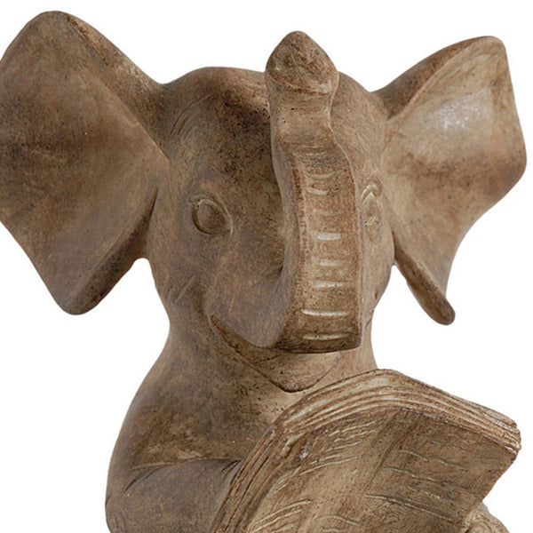 Ari Set of 2 Bookends, Reading Elephant Statuettes, Classic, Brown Resin - BM284984