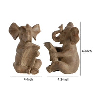 Ari Set of 2 Bookends, Reading Elephant Statuettes, Classic, Brown Resin - BM284984