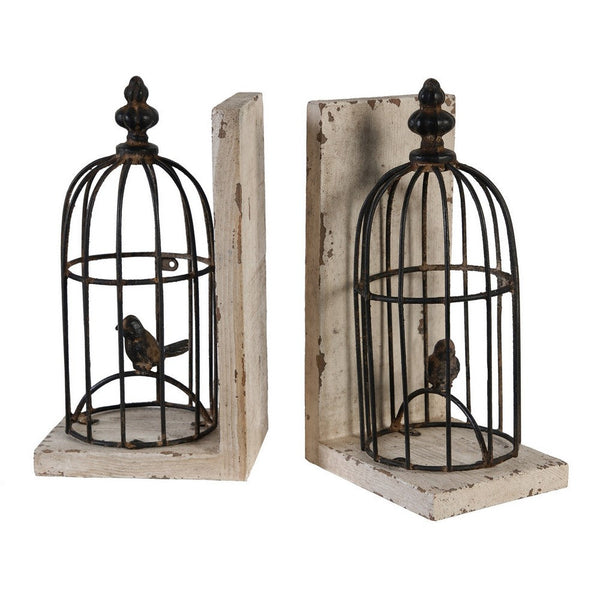 Ari Set of 2 Classic Bookends, Birdcage, Iron and Fir Wood, Black, Brown - BM284986