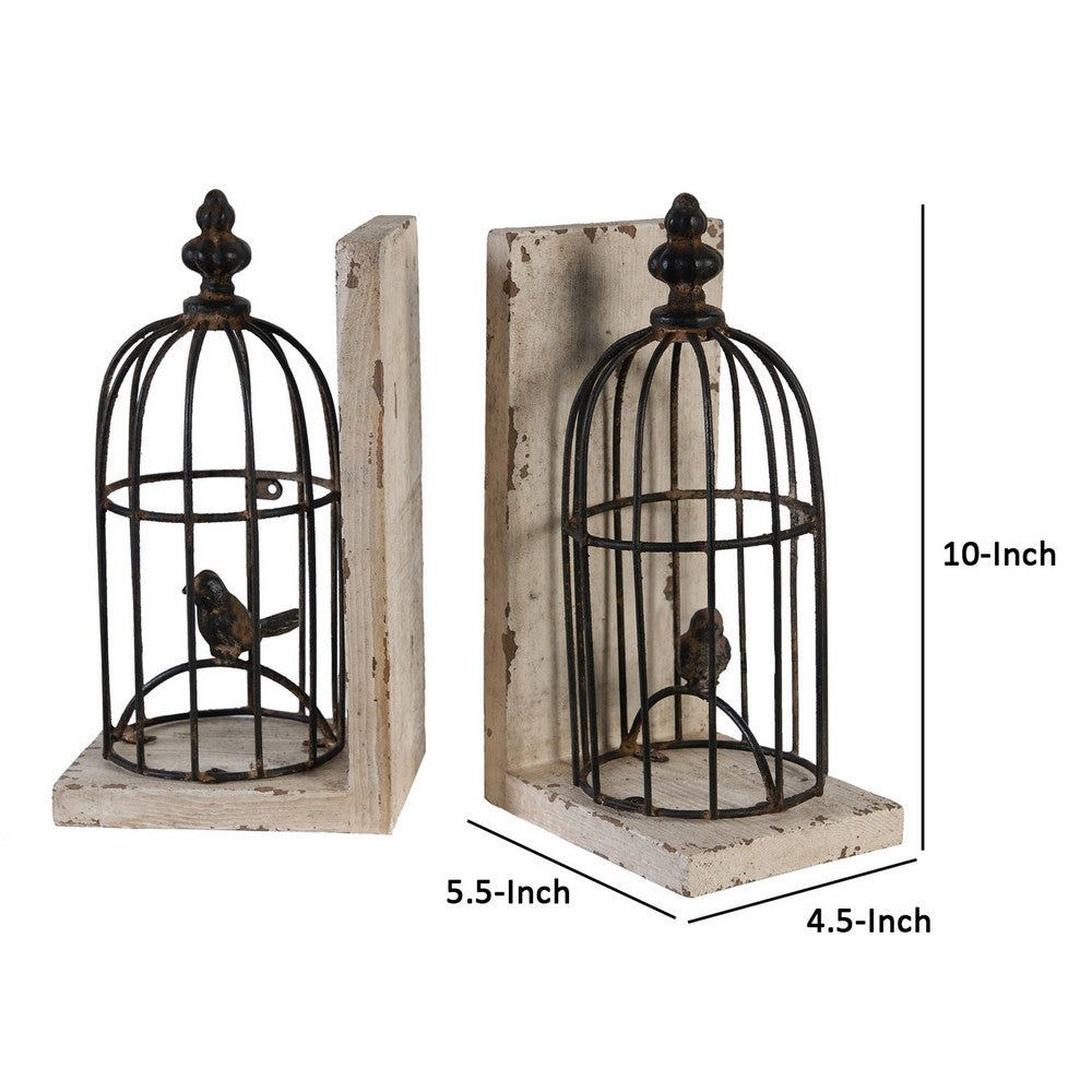 Ari Set of 2 Classic Bookends, Birdcage, Iron and Fir Wood, Black, Brown - BM284986