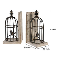 Ari Set of 2 Classic Bookends, Birdcage, Iron and Fir Wood, Black, Brown - BM284986