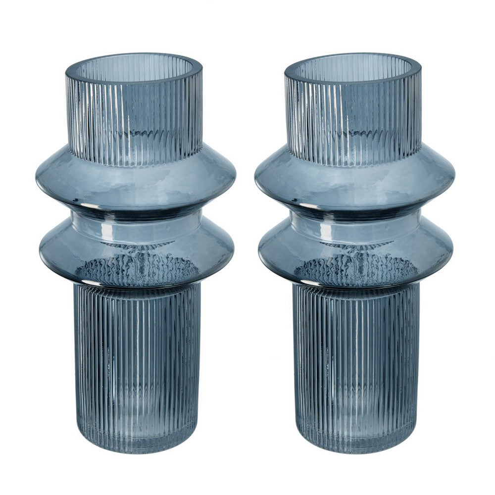 Rae Set of 2 Glass Vases, Tall Round Cylinders, Smokey Blue, Clear Finish - BM284992