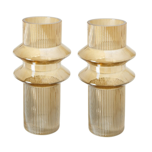 Rae Set of 2 Glass Vases, Tall Round Cylinders, Amber Yellow, Clear Finish - BM284993