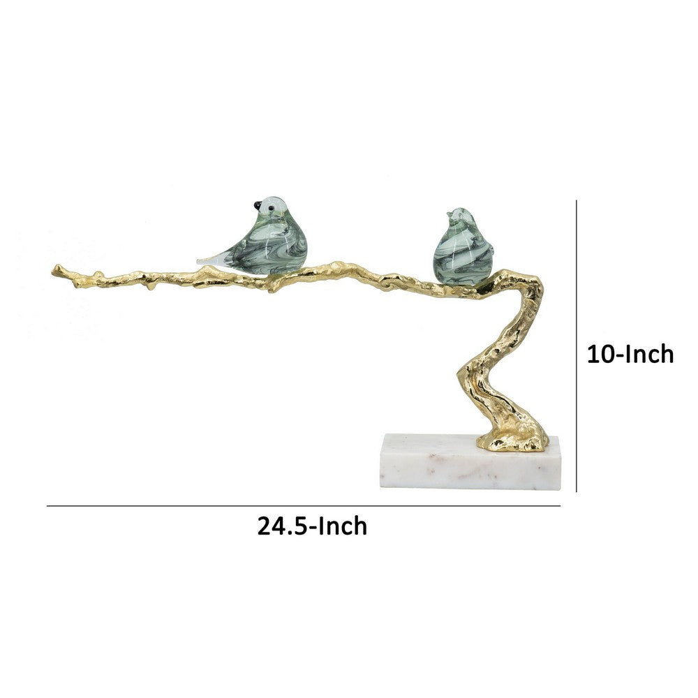 Sue 25 Inch Accent Decor Sculpture, 2 Birds Sitting on Branch, Gold, White - BM285004