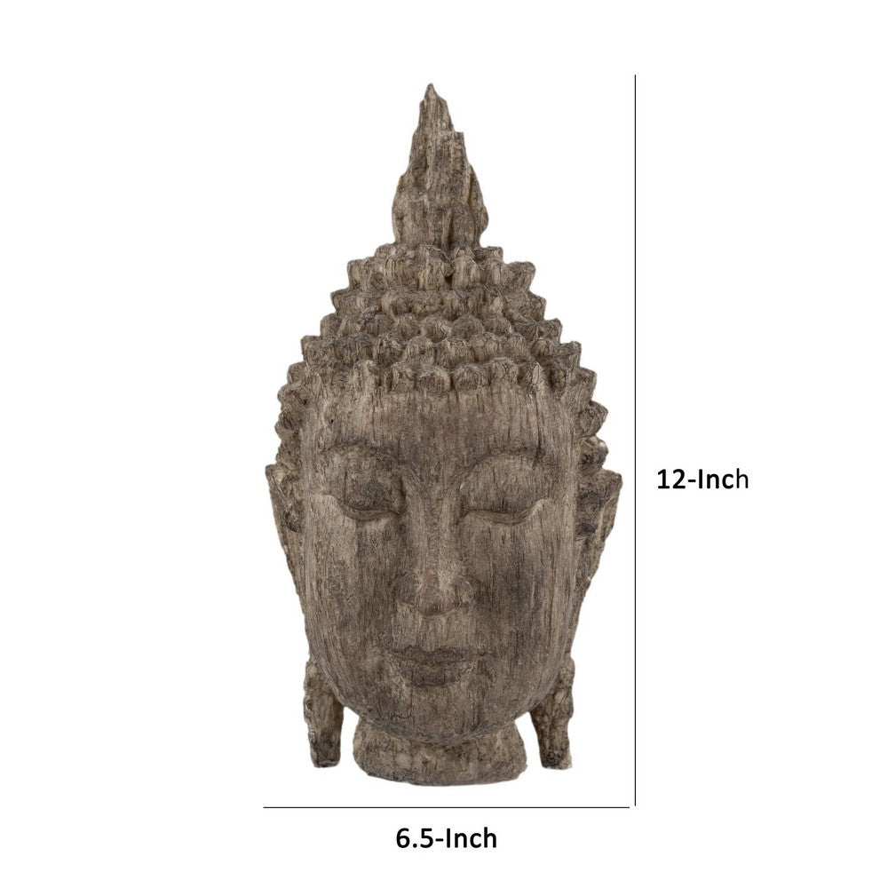 12 Inch Buddha Head Sculpture, Calming Accent Decoration, Polyresin, Brown - BM285008