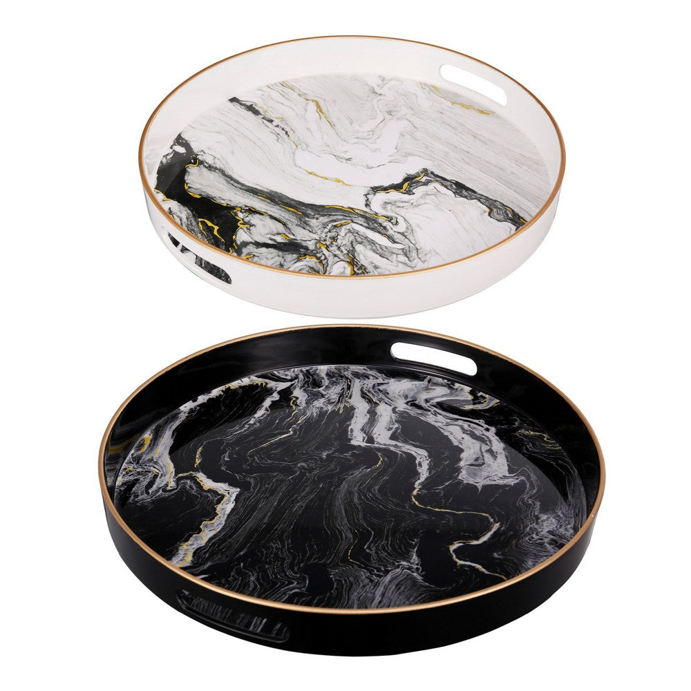 Set of 2 Round Accent Trays, Tabletop Decor, Marbling, Black, White, Gold - BM285013