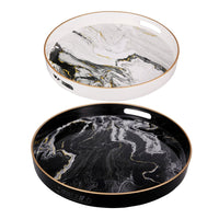 Set of 2 Round Accent Trays, Tabletop Decor, Marbling, Black, White, Gold - BM285013