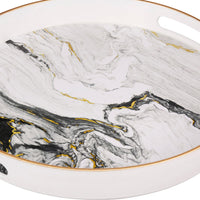 Set of 2 Round Accent Trays, Tabletop Decor, Marbling, Black, White, Gold - BM285013