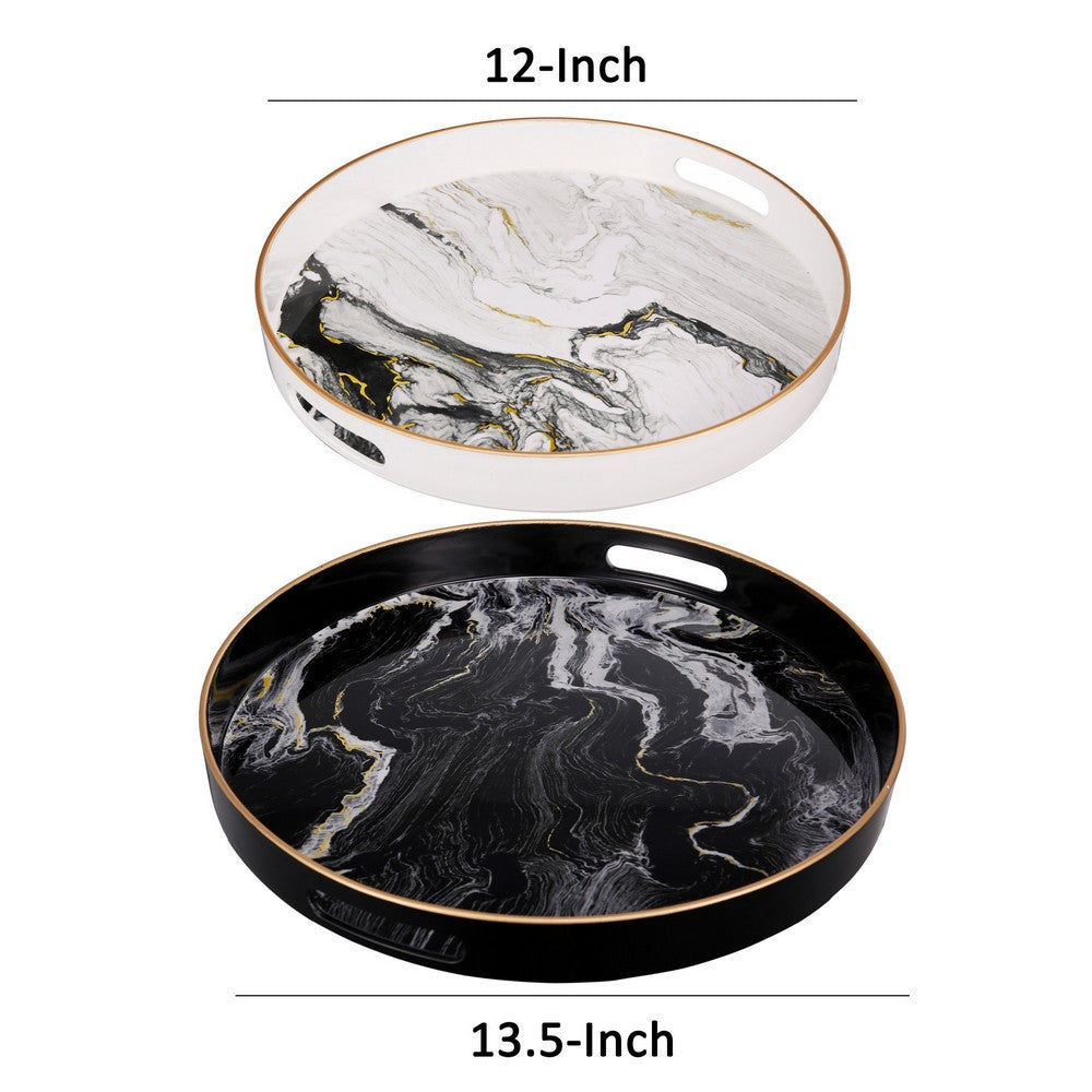 Set of 2 Round Accent Trays, Tabletop Decor, Marbling, Black, White, Gold - BM285013