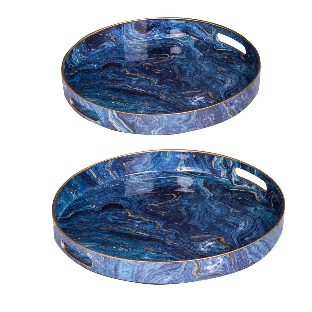 Set of 2 Round Accent Trays, Tabletop Decor, Marbling, Blue, Gold Marbling - BM285014