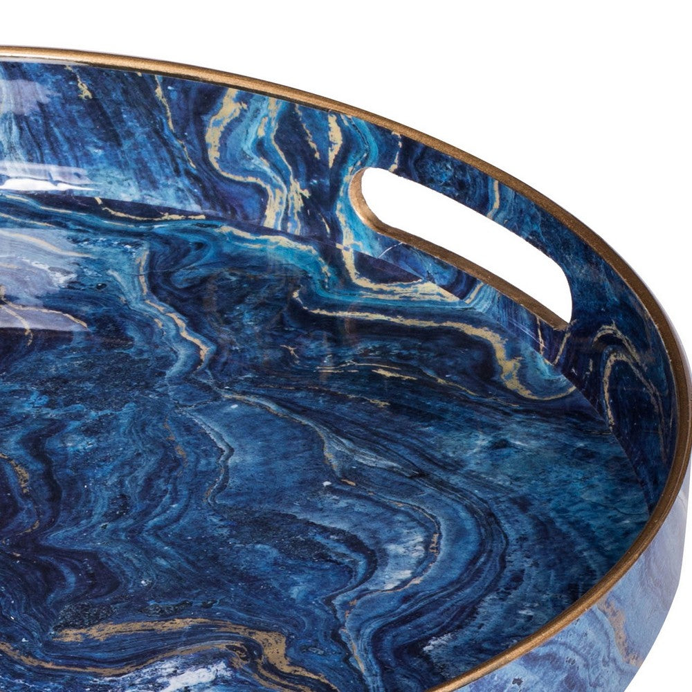 Set of 2 Round Accent Trays, Tabletop Decor, Marbling, Blue, Gold Marbling - BM285014