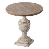 31 Inch Round Accent Side Table, Fir Wood, Engraved, Brown, Antique White - BM285037