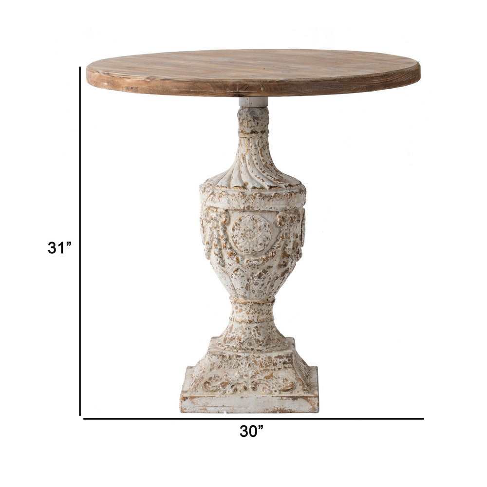 31 Inch Round Accent Side Table, Fir Wood, Engraved, Brown, Antique White - BM285037