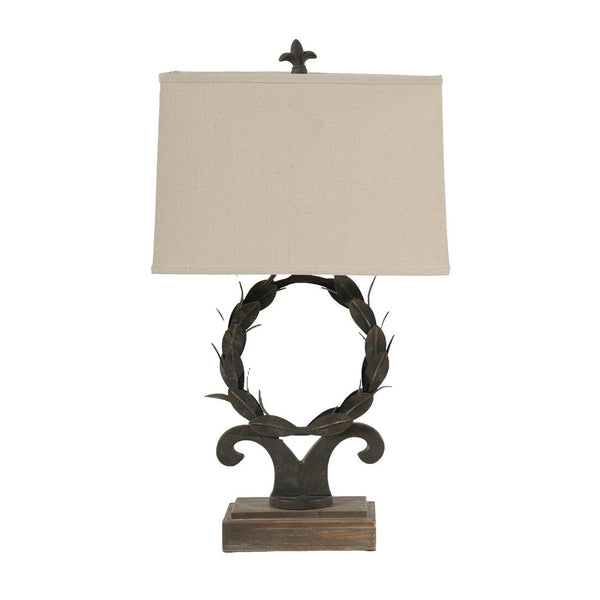 26 Inch Artisanal Table Lamp, Laurel Wreath Iron Frame, Off White, Black - BM285090