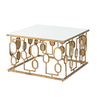 32 Inch Coffee Table, Mirror Top, Geometric Patterns, Iron, Modern, Gold - BM285091