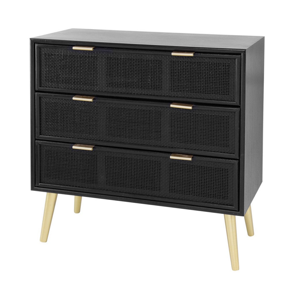 31 Inch Dresser Chest Cabinet, 3 Drawers, Woven Rattan, Modern, Black, Gold - BM285092