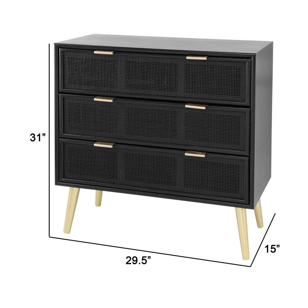 31 Inch Dresser Chest Cabinet, 3 Drawers, Woven Rattan, Modern, Black, Gold - BM285092