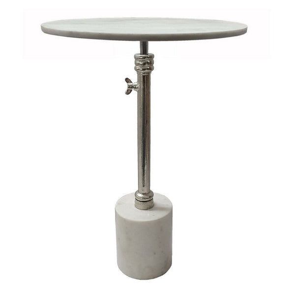 24 Inch Side Table, Aluminum Frame, Smooth Marble Top, Pedestal Base, White - BM285098