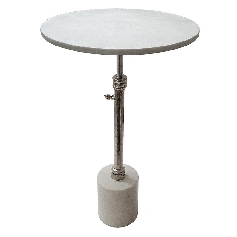 24 Inch Side Table, Aluminum Frame, Smooth Marble Top, Pedestal Base, White - BM285098