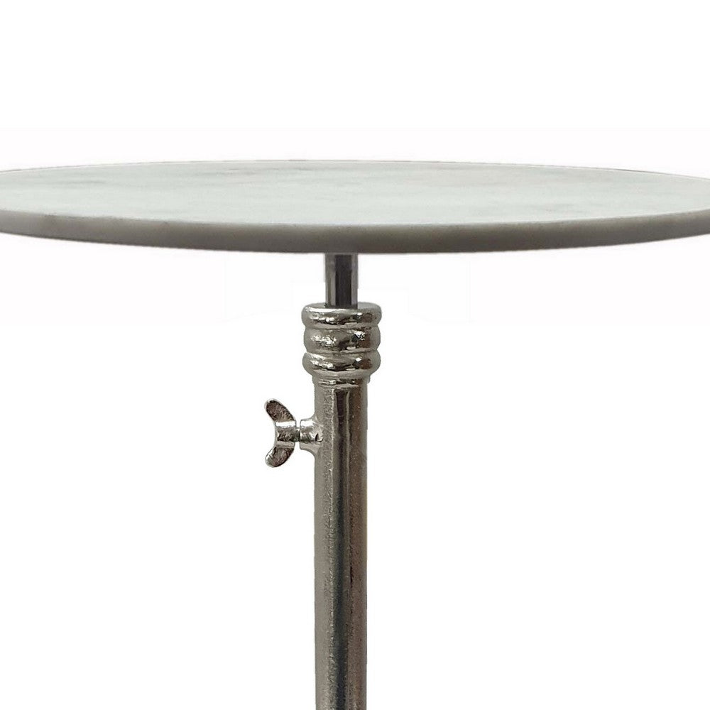 24 Inch Side Table, Aluminum Frame, Smooth Marble Top, Pedestal Base, White - BM285098