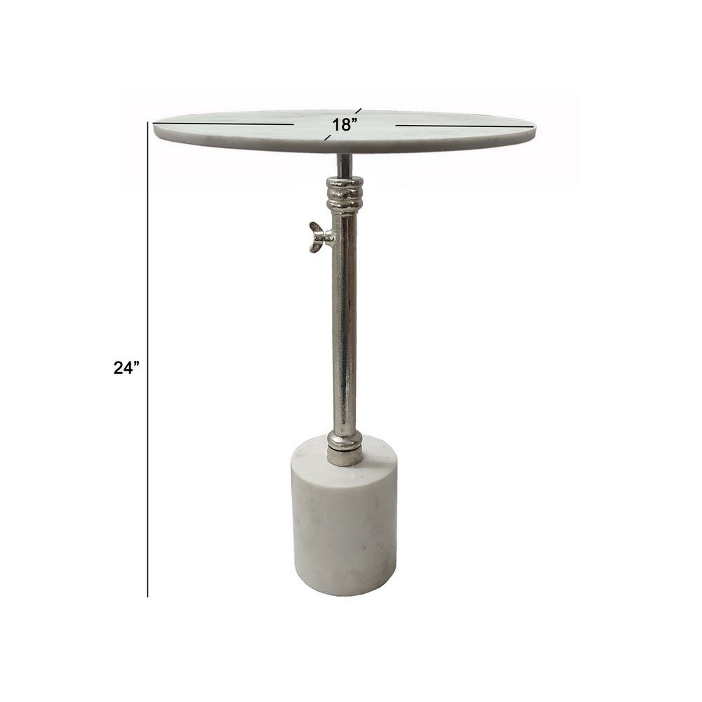 24 Inch Side Table, Aluminum Frame, Smooth Marble Top, Pedestal Base, White - BM285098