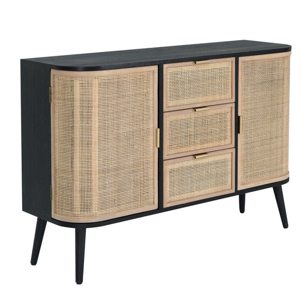 Dana 47 Inch Wood Sideboard Cabinet, 3 Drawers, Rattan Doors, Modern, Black - BM285106