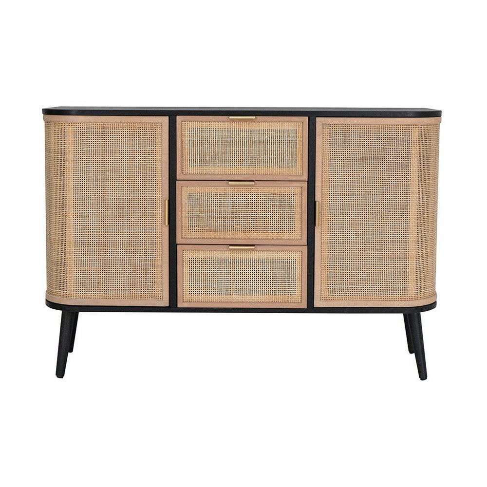 Dana 47 Inch Wood Sideboard Cabinet, 3 Drawers, Rattan Doors, Modern, Black - BM285106